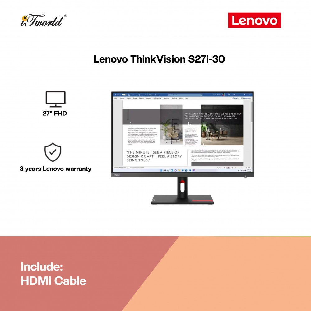 (Pre-order) Lenovo ThinkVision S27i-30 27" Monitor (63DFKAR4WW)