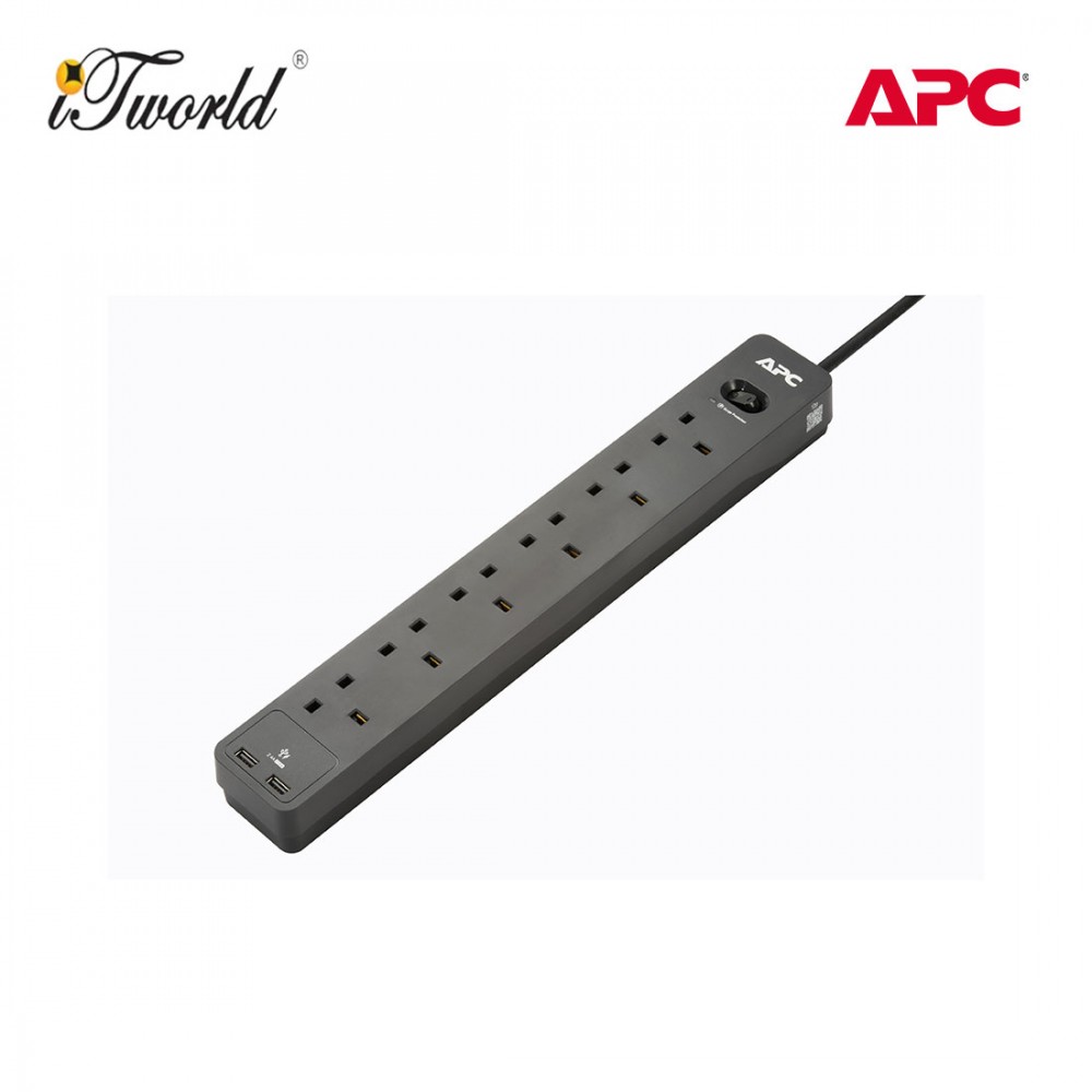 APC SurgeArrest Essential Surge Protector, 6x Outlets, 2 USB-Ports - 2M (PME6U2B-UK)