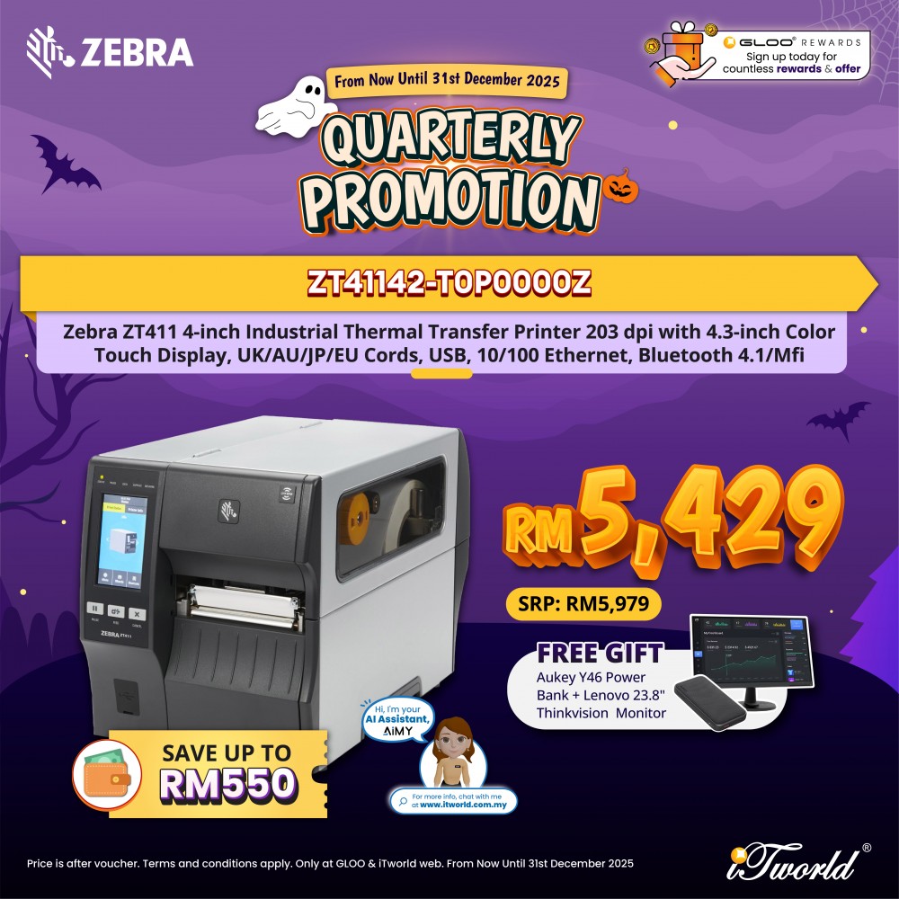 ZEBRA ZT111 4-inch Industrial Thermal Transfer Printer 203 dpi with UK/AU/JP/EU Cords, USB, Ethernet and BTLE (ZT11142-T0P000FZ)