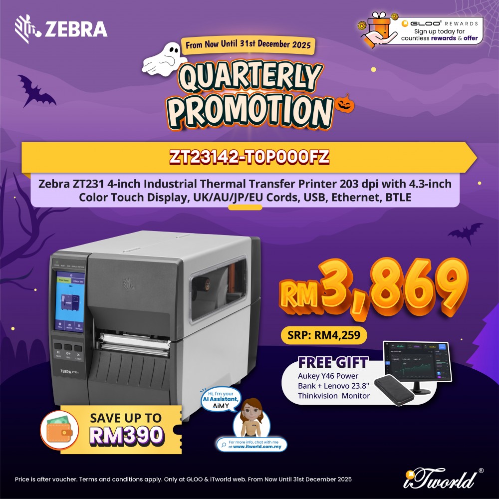 ZEBRA ZT231 4-inch Industrial Thermal Transfer Printer 203 dpi with 4.3-inch Color Touch Display, UK/AU/JP/EU Cords, USB, Ethernet, BTLE (ZT23142-T0P000FZ)