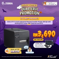 ZEBRA ZT411 4-inch Industrial Thermal Transfer Printer 203 dpi with 4.3-inch Color Touch Display, UK/AU/JP/EU Cords, USB, 10/100 Ethernet, Bluetooth 4.1/MFi,  (ZT41142-T0P0000Z)