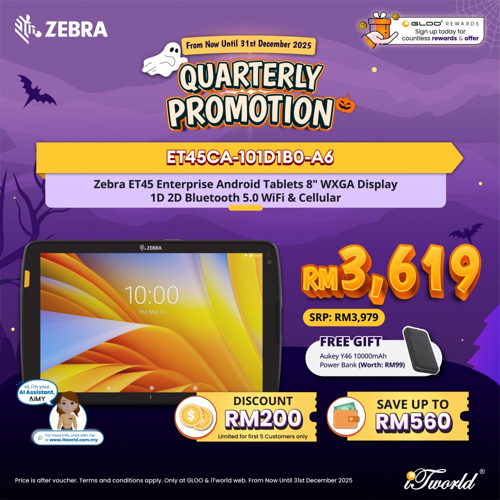 Zebra ET45 Enterprise Android Tablets 8" WXGA Display 1D 2D Bluetooth 5.0 WiFi & Cellular (ET45CA-101D1B0-A6)