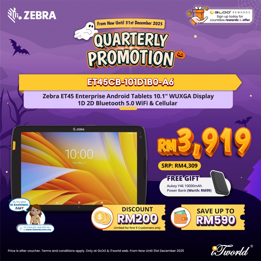 Zebra ET45 Enterprise Android Tablets 10.1" WUXGA Display 1D 2D Bluetooth 5.0 WiFi & Cellular (ET45CB-101D1B0-A6)